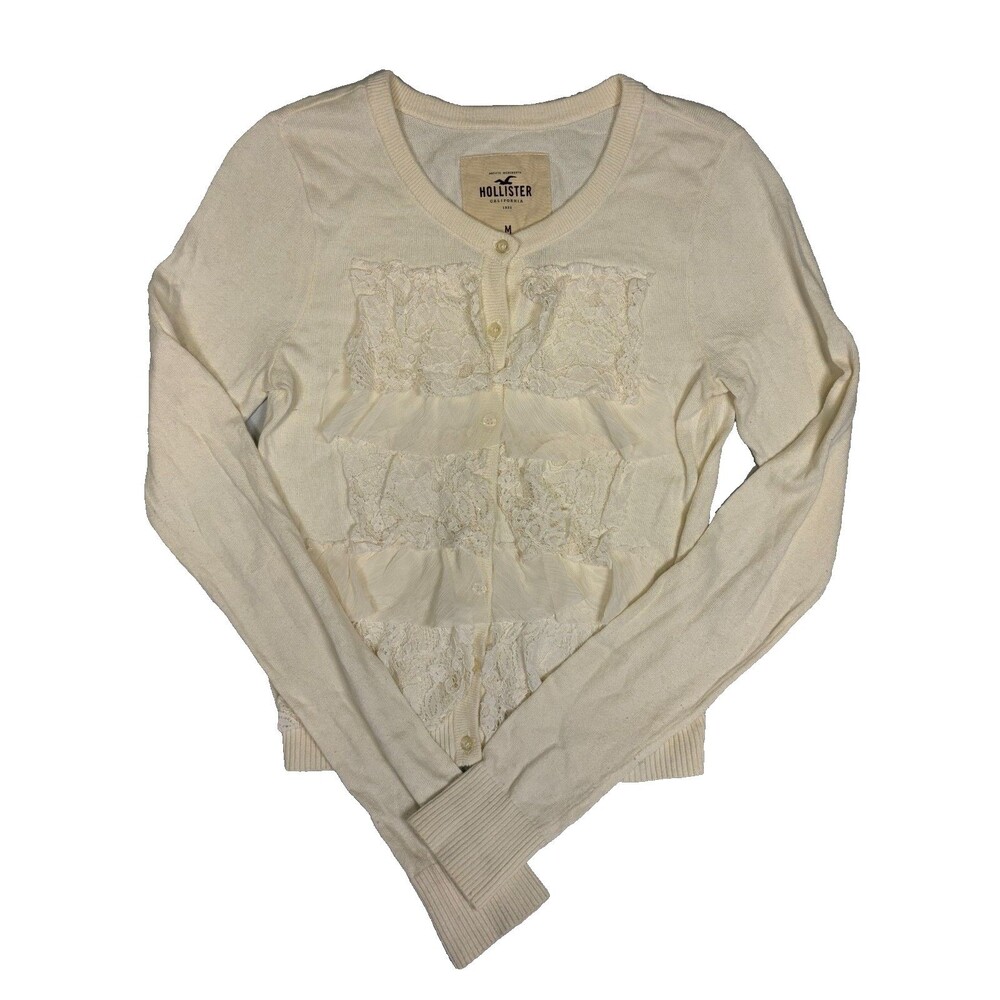 Hollister Y2K Vintage Cream Off White Ruffle Cardigan Sweater Size M - Picture 2 of 4